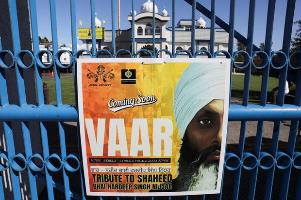 A sign outside the Guru Nanak Sikh Gurdwara temple is seen after the killing on its grounds in June 2023 of Sikh leader Hardeep Singh Nijjar, in Surrey, British Columbia, Canada September 18, 2023.