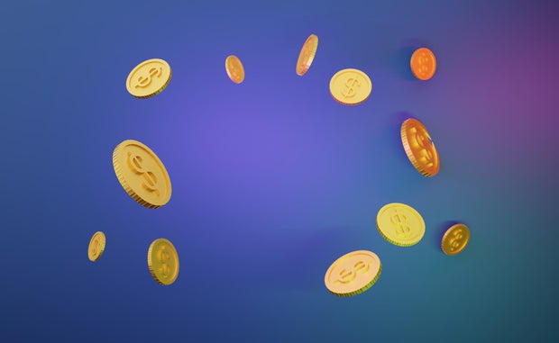 Gold Coins levitating with copy space in middle , 3D render