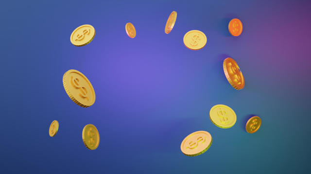 Gold Coins levitating with copy space in middle , 3D render 