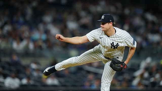 Gerrit Cole #45 of the New York Yankees pitches in the eighth inning during the game between the Toronto Blue Jays and the New York Yankees at Yankee Stadium on Thursday, September 21, 2023 in New York, New York.