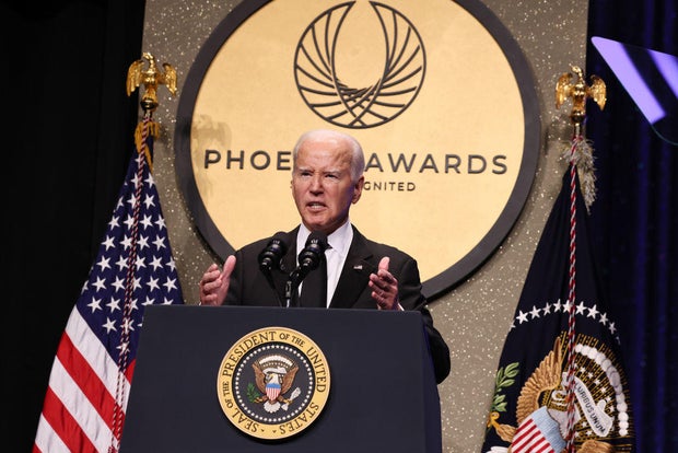 President Biden speaks onstage at the Congressional Black Caucus' Phoenix Awards dinner on Sept. 23, 2023, in Washington, D.C.