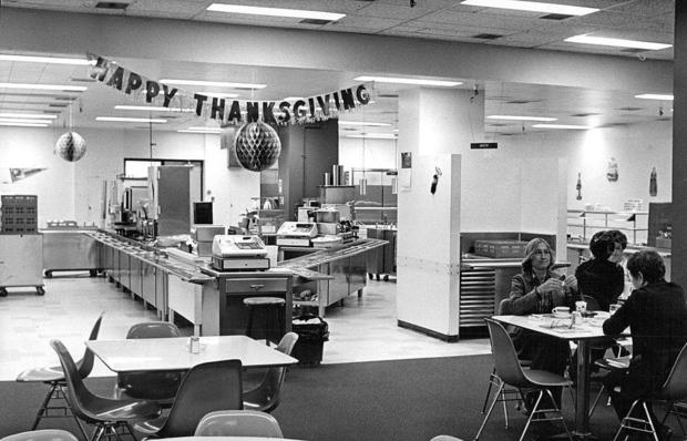 A "Happy Thanksgiving" sign hangs in one of the cafeterias at the Denver Federal Center on Nov. 23, 1981, as many federal workers prepared to be furloughed because of a budget impasse between Congress and President Ronald Reagan. 
