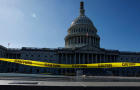 Caution tape blows in the wind on the east front plaza of the U.S. Capitol Building on Sept. 27, 2023, in Washington, D.C. 