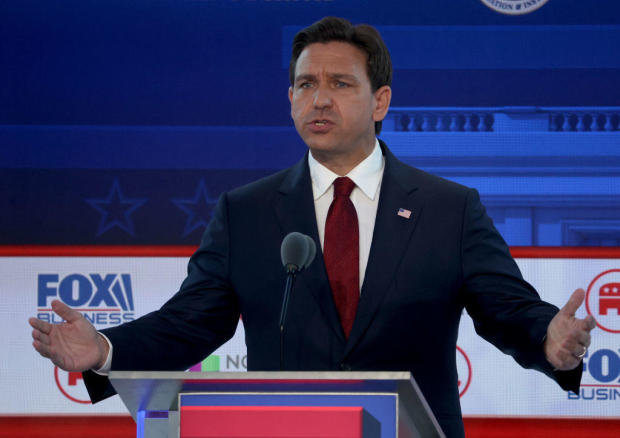 Florida Gov. Ron DeSantis delivers remarks during the Republican primary debate at the Ronald Reagan Presidential Library on Sept. 27, 2023, in Simi Valley, California. 