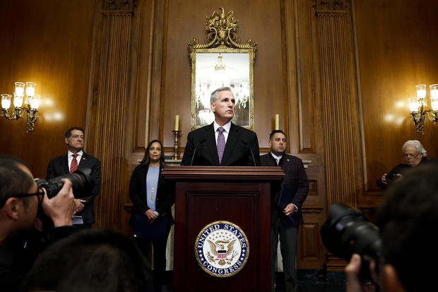 Speaker of the House Kevin McCarthy listens to a question during a press conference at the Capitol on Sept. 29, 2023. 