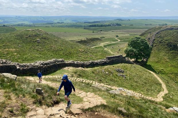A June 4, 2023 file photo shows visitors hiking past the Sycamore Gap tree along Hadrian's Wall near Hexham, Northumberland, northern England
