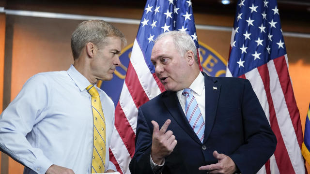 Rep. Jim Jordan confers with Rep. Steve Scalise at the Capitol on Wednesday, June 8, 2022. 