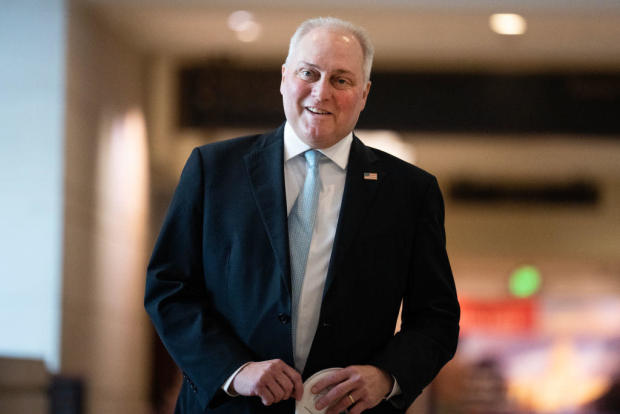 House Majority Leader Steve Scalise is seen in the Capitol Visitor Center after an all members briefing on the attack on Israel on Wednesday, Oct. 11, 2023. 