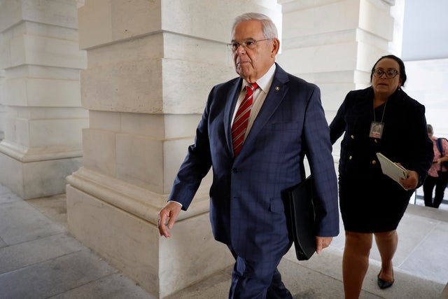 Sen. Bob Menendez  arrives at the Capitol ahead of a Democratic caucus meeting on Sept. 28, 2023 in Washington, D.C. 