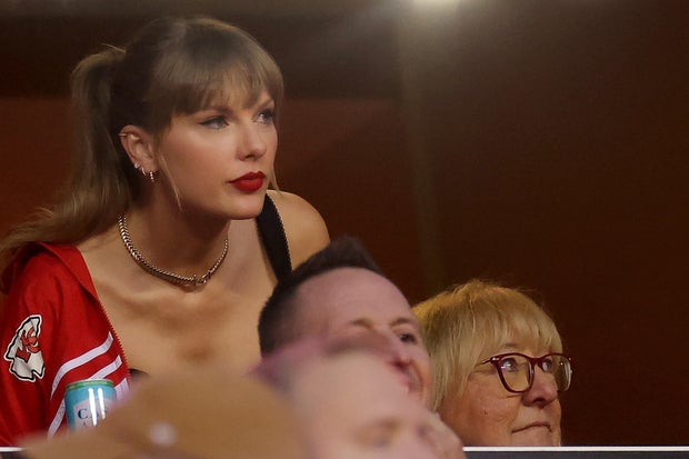 Taylor Swift looks on before a game between the Kansas City Chiefs and the Denver Broncos at GEHA Field at Arrowhead Stadium on October 12, 2023, in Kansas City, Missouri.