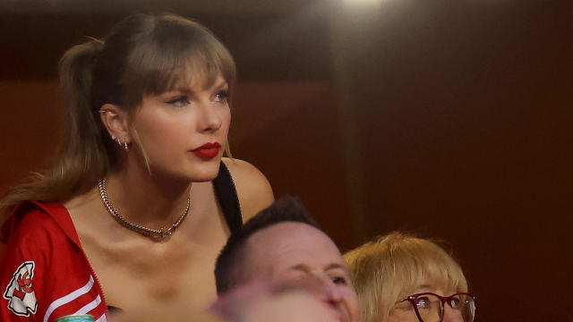 Taylor Swift looks on before a game between the Kansas City Chiefs and the Denver Broncos at GEHA Field at Arrowhead Stadium on October 12, 2023, in Kansas City, Missouri. 