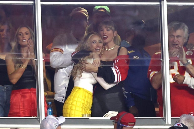 Lyndsay Bell, Brittany Mahomes and Taylor Swift celebrate during the first half of the game between the Kansas City Chiefs and the Denver Broncos at GEHA Field at Arrowhead Stadium on October 12, 2023, in Kansas City, Missouri.