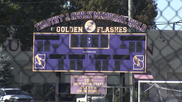 The scoreboard on the football field at Sayville High School. 