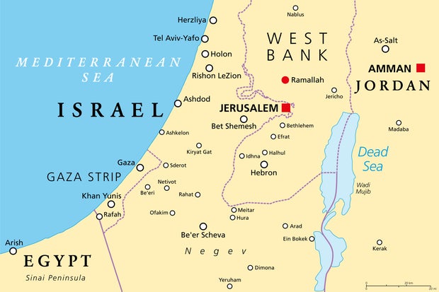 Part of the Southern District of Israel, political map, with the Gaza Strip