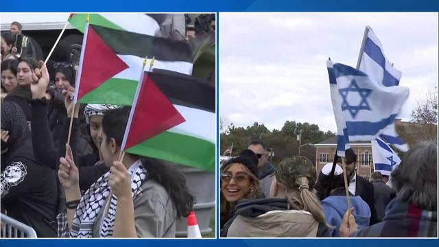 Two images side by side -- on the left, individuals hold Palestinian flags; on the right, individuals hold Israeli flags. 