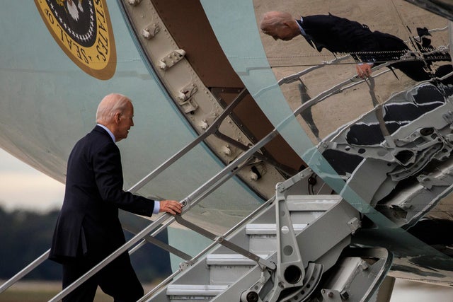 President Joe Biden boards Air Force One on October 17, 2023, at Joint Base Andrews to make his way to the Middle East following the events in Israel and Gaza. Photographer: Samuel Corum/Sipa/Bloomberg via Getty Images