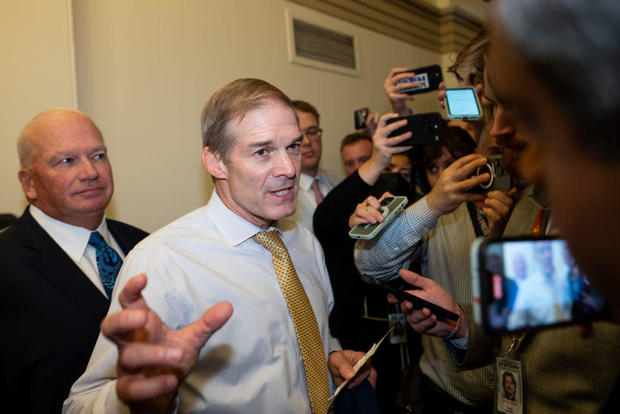 Rep. Jim Jordan speaks to reporters as he leaves a meeting in House Majority Whip Tom Emmer's office in the Capitol on Tuesday, Oct. 17, 2023. 