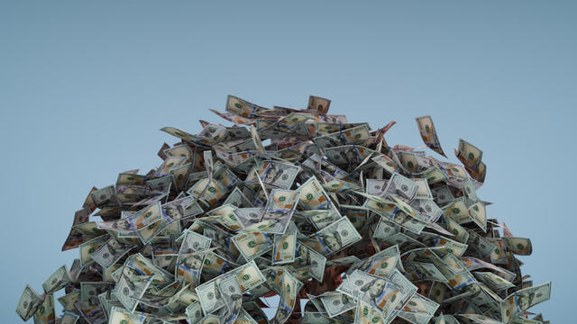 3D illustration of pile of hundred dollar banknotes against pastel colour background 