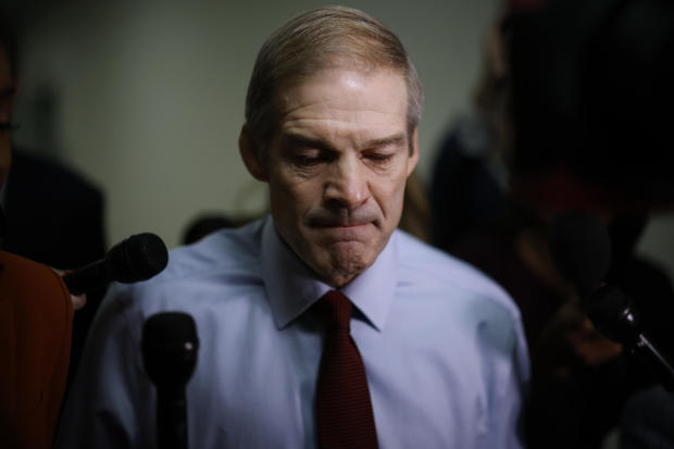 Rep. Jim Jordan talks to reporters as he heads from his office in the Rayburn House Office Building to the U.S. Capitol on Oct. 18, 2023. 