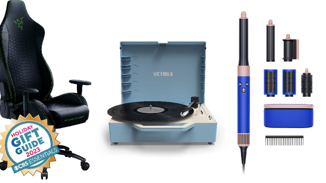 Teen gift guide. Pictured: A gaming chair, a record player and a Dyson AirWrap 