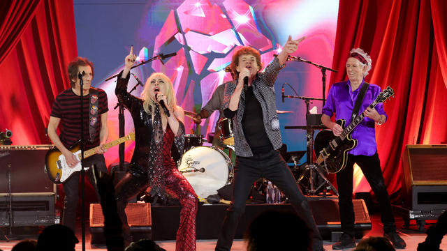 Ronnie Wood, Lady Gaga, Mick Jagger, Steve Jordan and Keith Richards perform during The Rolling Stones surprise set in celebration of their new album "Hackney Diamonds" at Racket NYC on October 19, 2023 in New York City. 