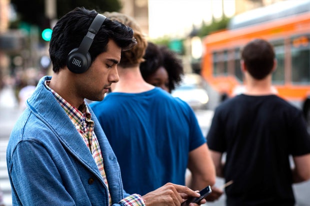 Man wearing JBL headphones
