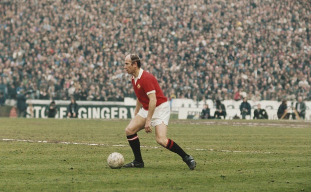 Bobby Charlton of Manchester United runs with the ball during the League Division One match between Chelsea and Manchester United held on April 28, 1973, at Stamford Bridge, in London. This was his last appearance for Manchester United