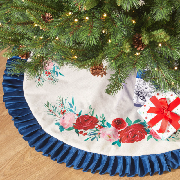 The Pioneer Woman Blue Ruffle & Red Roses Christmas Tree Skirt 