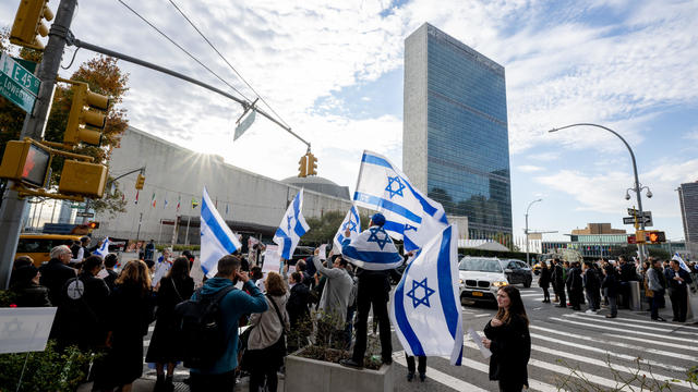People gather outside United Nations headquarters to demand the release of hostages taken by Hamas held in Gaza and to show support to some of their family members as they visit the U.N. on October 24, 2023 in New York City. 