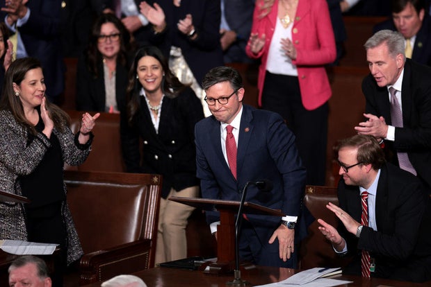 House Republicans applaud as Rep. Mike Johnson is elected speaker of the House at the Capitol on Oct. 25, 2023.