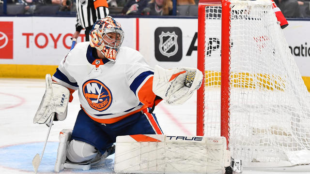 Goaltender Semyon Varlamov #40 of the New York Islanders makes a glove save during the third period of a game against the Columbus Blue Jackets at Nationwide Arena on October 28, 2023 in Columbus, Ohio. 