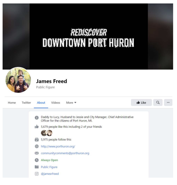 The Facebook page belonging to Port Huron, Michigan, city manager James Freed. 