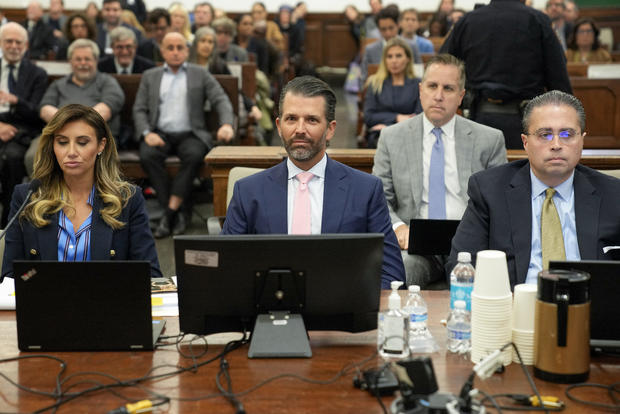 Flanked by attorneys, Donald Trump Jr. waits to testify in a New York courtroom on Wednesday, Nov. 1, 2023. 
