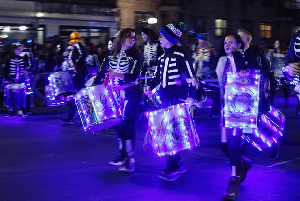 A skeleton marching band plays during the Annual Village Halloween parade in New York on October 31, 2023. 
