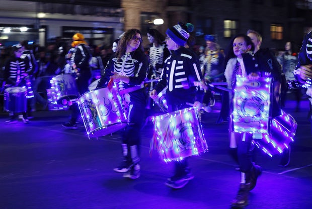A skeleton marching band plays during the Annual Village Halloween parade in New York on October 31, 2023.