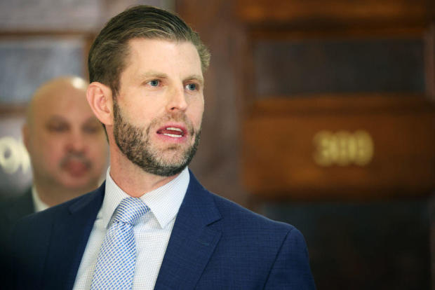 Eric Trump speaks to the media as he leaves the civil fraud trial where he testified at New York State Supreme Court on Nov. 3, 2023, in Manhattan. 