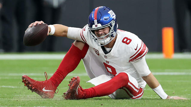 Daniel Jones #8 of the New York Giants reacts after falling down in the first quarter of a game against the Las Vegas Raiders at Allegiant Stadium on November 05, 2023 in Las Vegas, Nevada. 