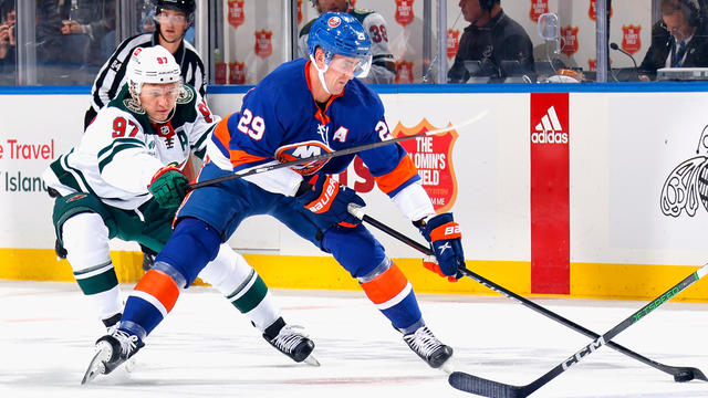 Brock Nelson #29 of the New York Islanders is pursued by Kirill Kaprizov #97 of the Minnesota Wild during the second period at UBS Arena on November 07, 2023 in Elmont, New York. 