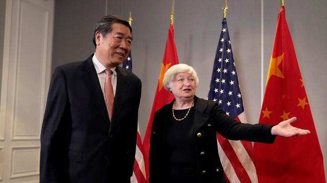 Treasury Secretary Janet Yellen greets Chinese Vice Premier He Lifeng 