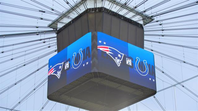 Patriots-Colts scoreboard at Deutsche Bank Park 