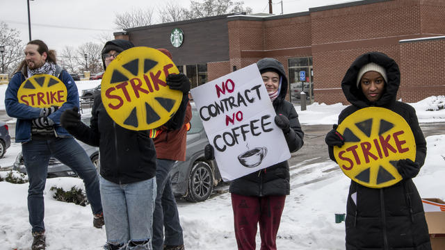 St. Anthony, Minnesota, Starbucks workers across the country strike to protest unfair labor practices and union busting going on at the company. Workers complain they are closing stores and short-staffing. 