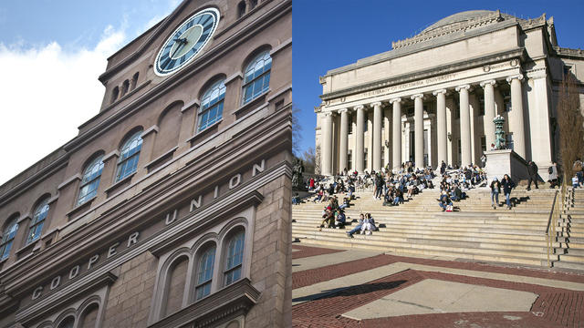 Left:  A detail of Cooper Union's Foundation Building shows its location in the East Village, Thursday, April 23, 2015, in New York.; Right: On an unseasonably warm day, students relax on the front steps of Low Memorial Library on the Columbia University 