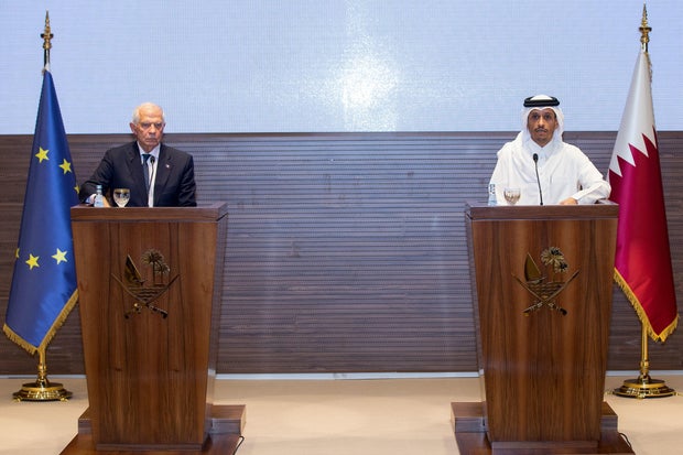 Qatari Foreign Minister Mohammed bin Abdulrahman bin Jassim al-Thani speaks during a press conference with the High Representative of the European Union for Foreign Affairs and Security Policy, Josep Borell, in Doha on November 19, 2023.