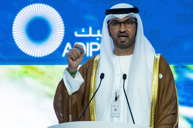 The president of the COP28 climate change summit, Sultan Ahmed al-Jaber, speaks during the Abu Dhabi International Petroleum Exhibition on Oct. 2, 2023