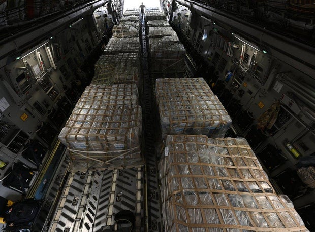 A photo provided by the U.S. military shows humanitarian supplies bound for Gaza loaded on a U.S. Air Force C-17 that transported them to Egypt on Tuesday, Nov. 28, 2023.