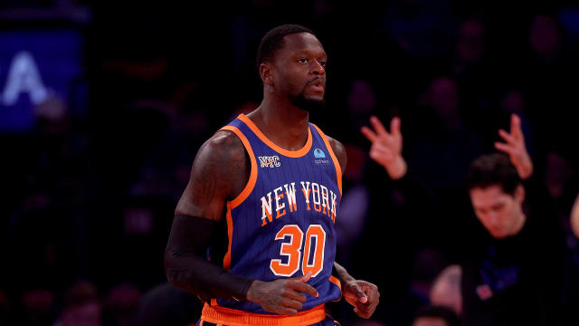 Julius Randle #30 of the New York Knicks celebrates his three point shot against the Charlotte Hornets during the first half of an NBA In-Season Tournament game at Madison Square Garden on November 28, 2023 in New York City. 