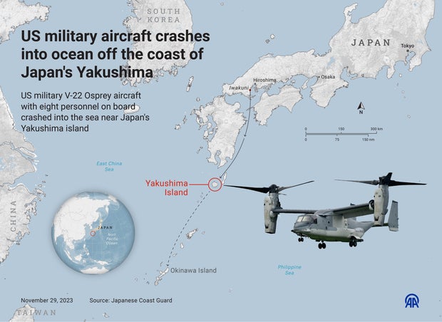Map shows where U.S. Air Force Osprey aircraft crashed off the coast of Japan