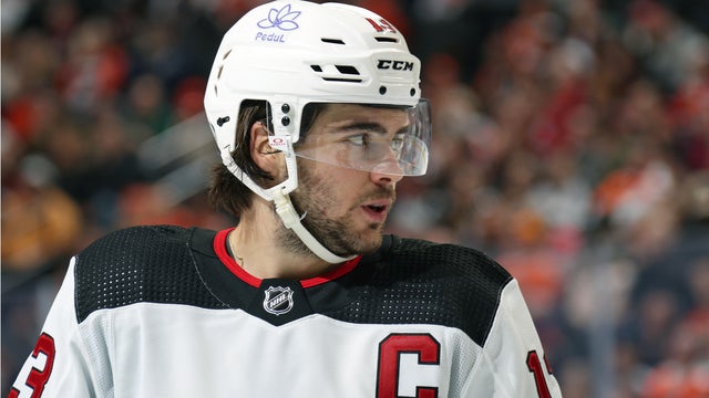 Nico Hischier #13 of the New Jersey Devils looks on against the Philadelphia Flyers at the Wells Fargo Center on November 30, 2023 in Philadelphia, Pennsylvania.