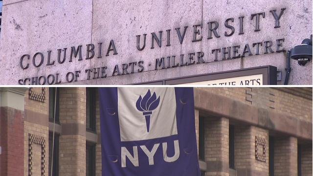 Two photos stacked vertically. On top: a photo of the exterior of a Columbia University building; on bottom: an NYU flag. 