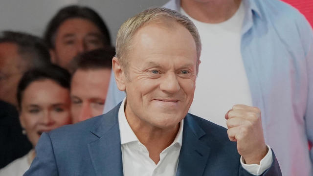Donald Tusk addresses supporters at the Civic Coalition's headquarters in Warsaw, Poland, on Oct. 15, 2023. 